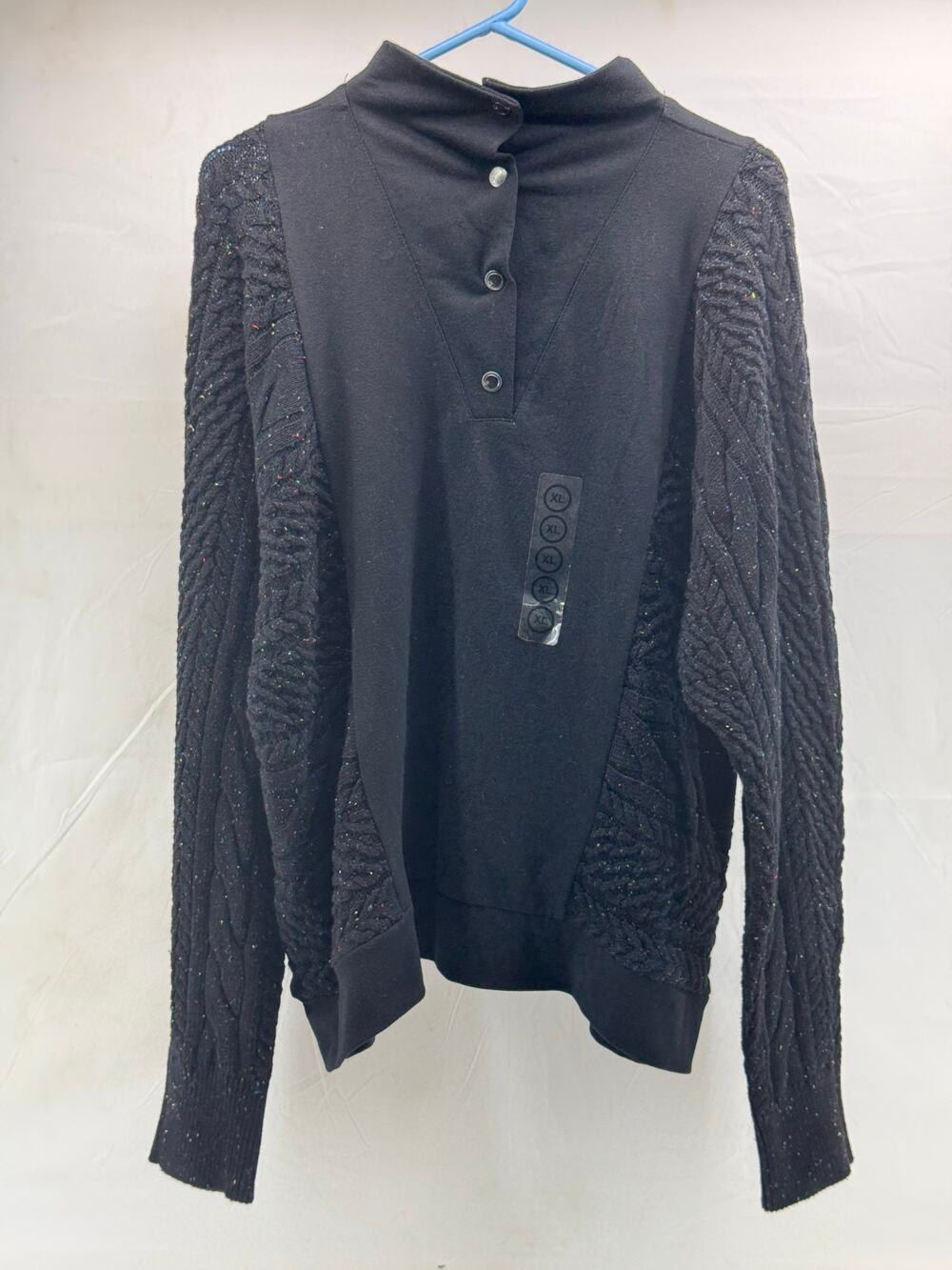 Black / sprinkels Women naturals XL sweater buttons at top.